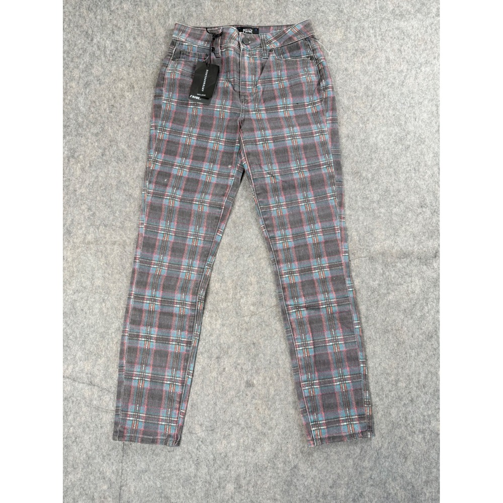 Paige Plaid Pants Women 26 Grey Pink Blue Denim Hoxton Skinny Anthropologie Boho